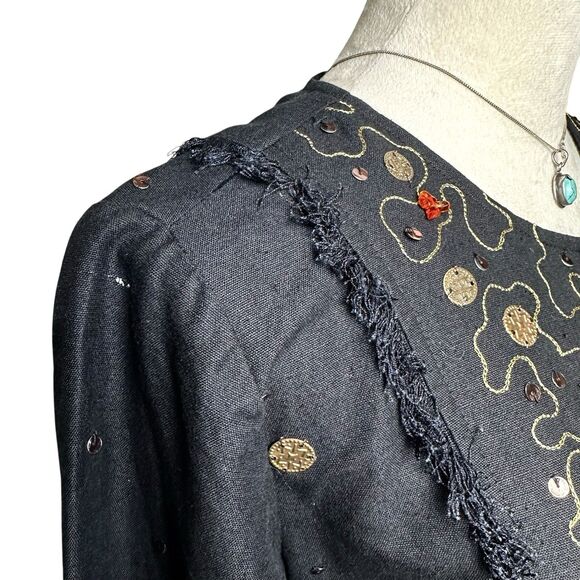 Indigo Moon Embellished Black Fray Linen Blend Jacket M | Boho Western Artwear - Picture 5 of 7